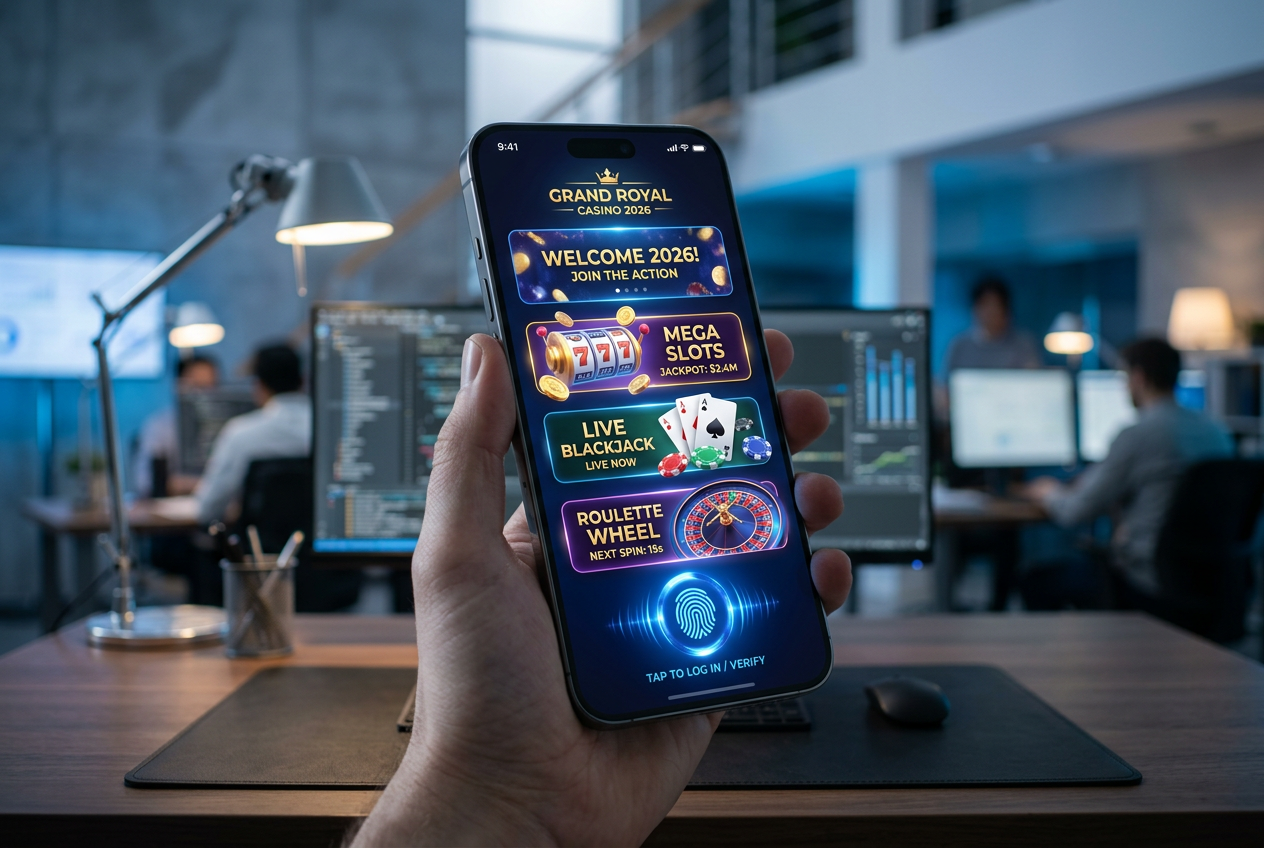 Futuristic mobile casino interface with biometric login on a smartphone